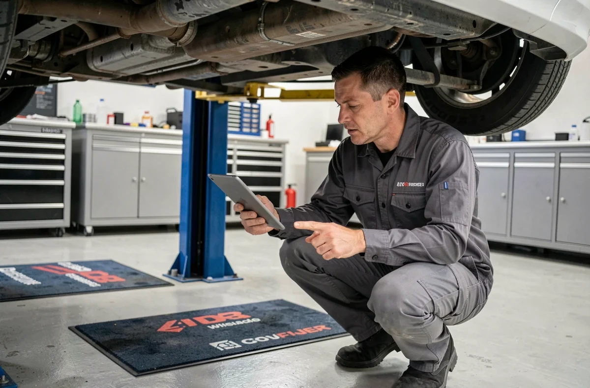 Technicien automobile certifié inspectant un véhicule sur pont élévateur dans l'atelier de Rognac Auto