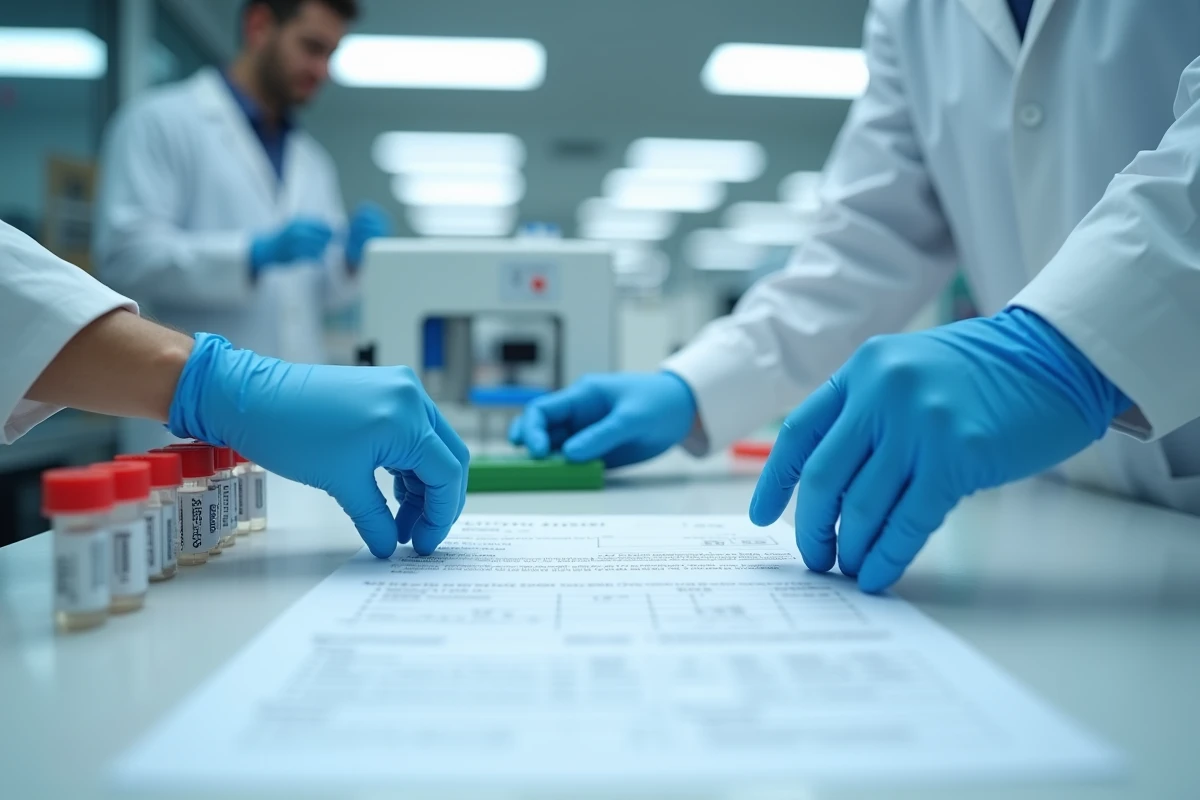 Test ADN de paternité en laboratoire avec tubes échantillons et rapport d'analyse génétique, concept de filiation et paternité biologique
