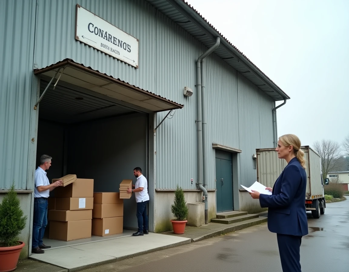 Extérieur d'une usine de fabrication de vêtements avec des employés chargeant des cartons, illustrant la chaîne logistique et les origines de production des vêtements Camaïeu