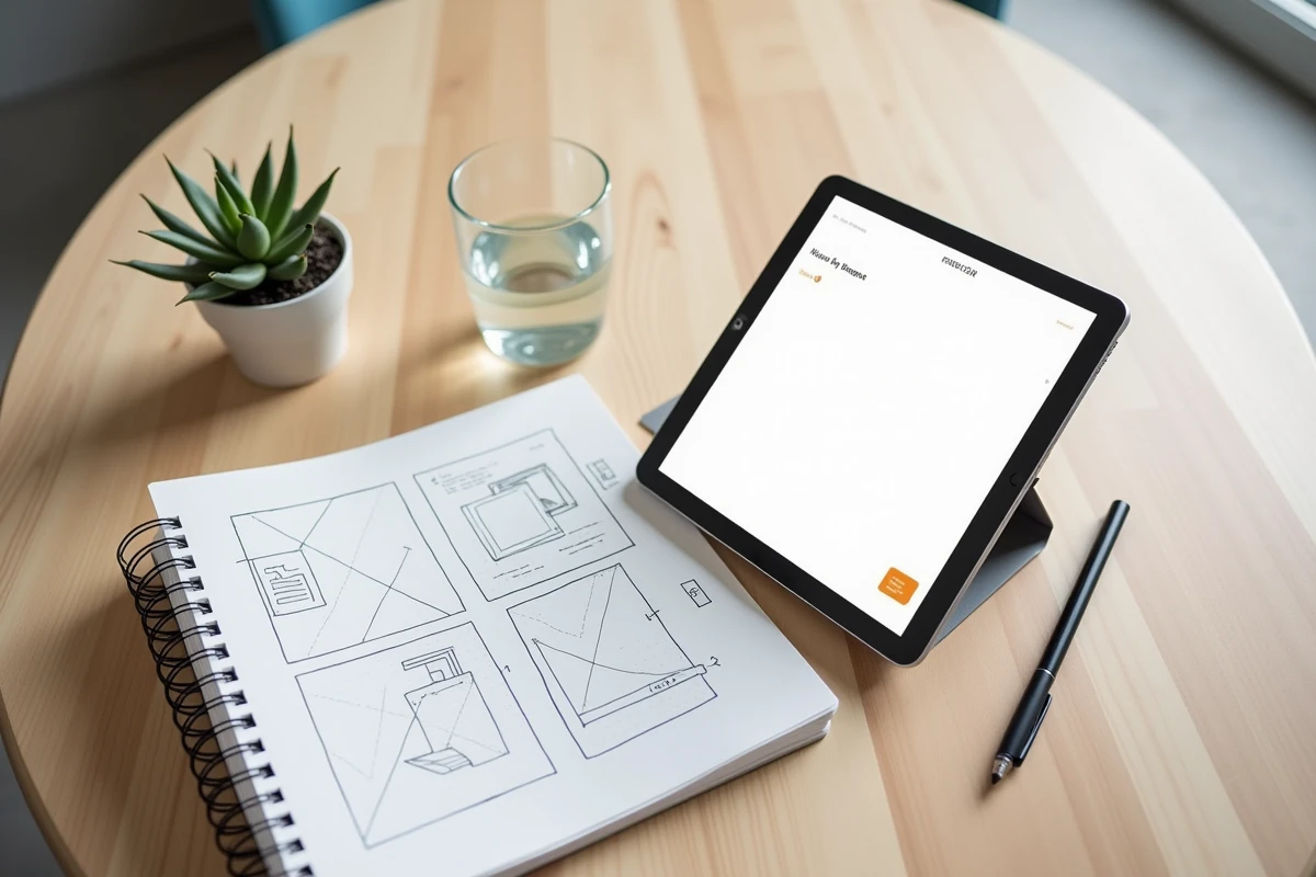 Vue de dessus d'une tablette affichant un site internet professionnel en cours de création avec des notes de wireframe sur un bureau en bois